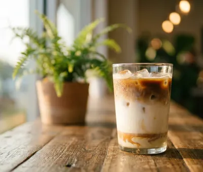 Iced Spanish latte σε ποτήρι με ευδιάκριτες στρώσεις πάγου, γάλακτος και espresso με συμπυκνωμένο γάλα